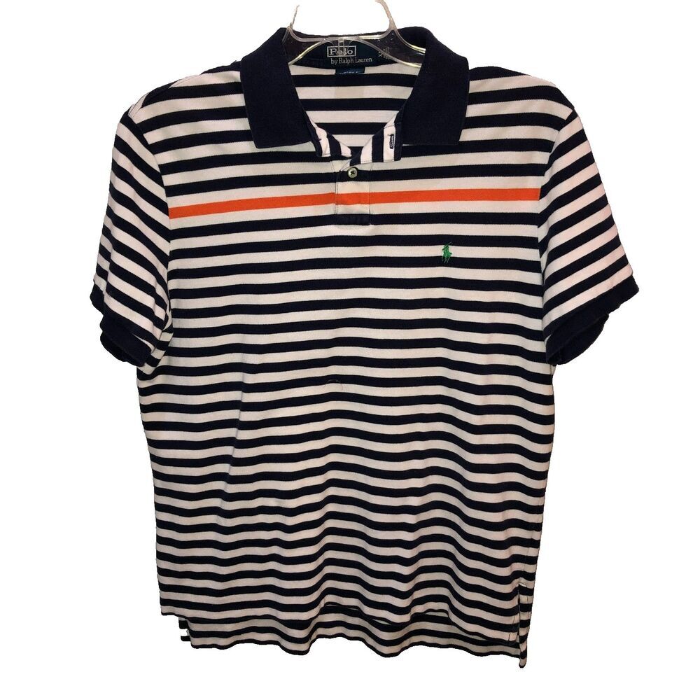 Polo Ralph Lauren Mens XL Blue Orange Striped Custom Fit Short Sleeve Polo Shirt